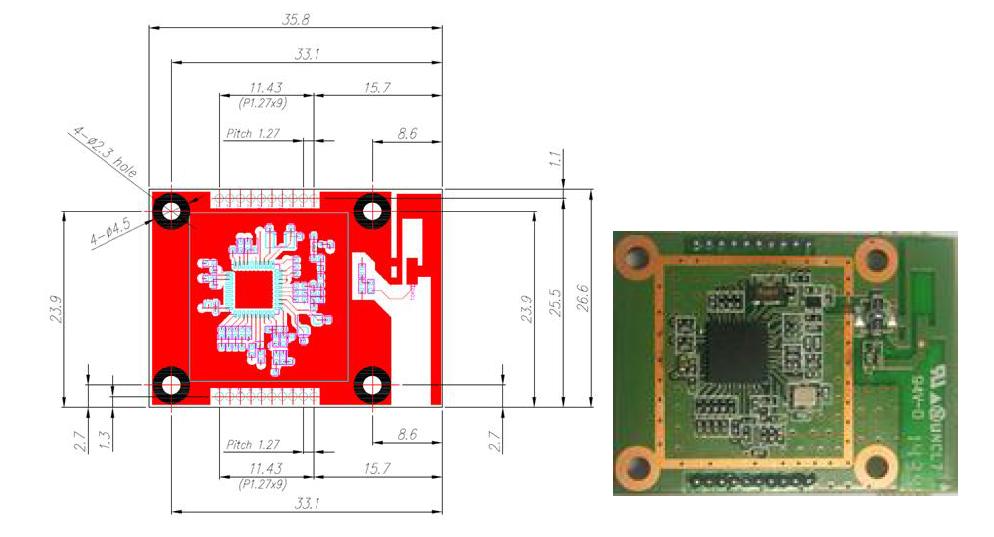 통신 모듈 외곽 치수 및 제작된 통신 모듈