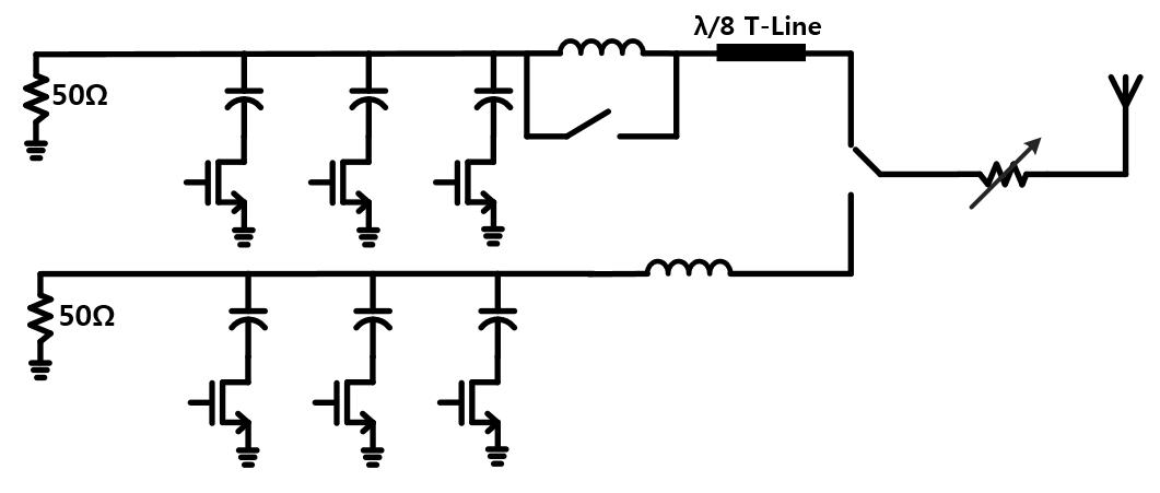 Schematic of inductor and switched capacitor with transmission line 구조