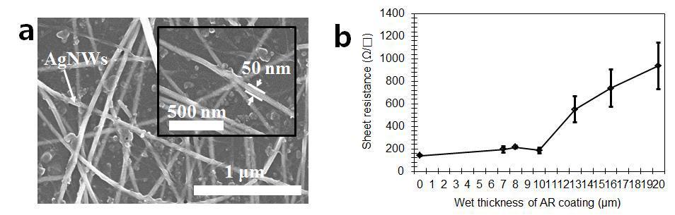 (a) 도포된 Ag나노와이어 SEM 이미지, (b) 반사방지막 두께에 따른 TCO의 면저항 변화