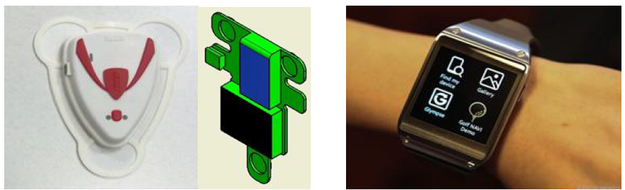 가슴 부착용 모듈 센서(좌) 및 스마트 손목 시계형(우) 형태의 송수신기
