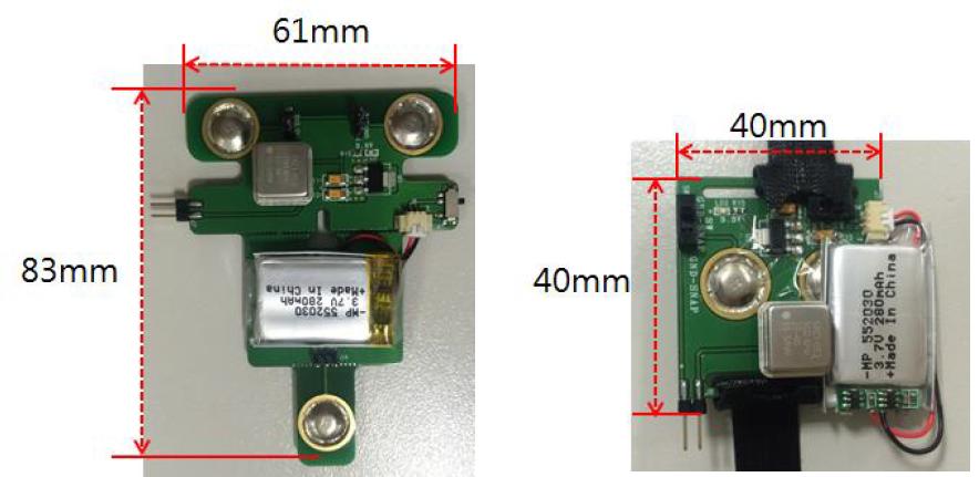 채널모델링용 송신 모듈 (좌) 가슴 부착용 모듈, (우) 손목 시계형 모듈