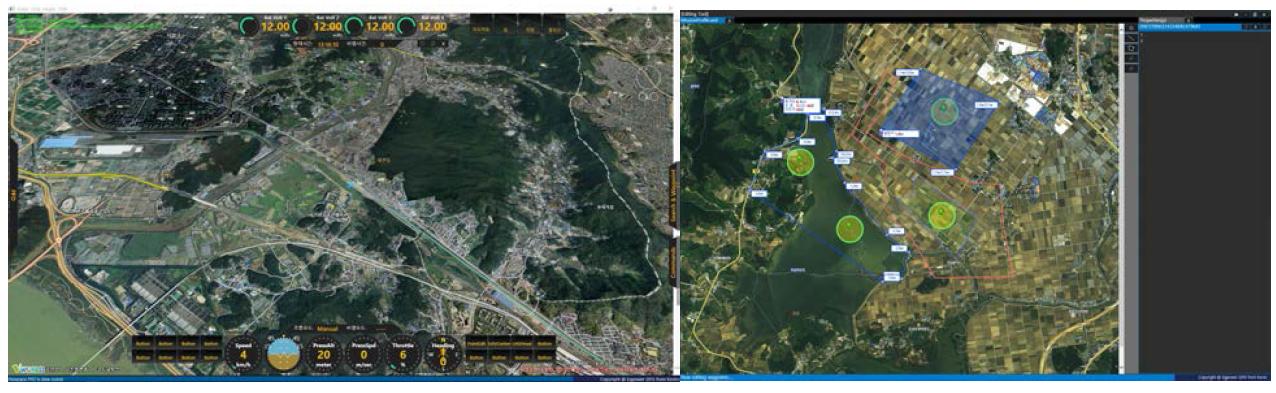 원격제어를 위한 비행 정보 및 기체 상태 확인 화면과 방제 구역 및 순서 설정 화면