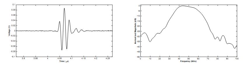 융합 프로브에 사용된 초음파 변환자의 펄스-에코 특성,중심 주파수 48.4 MHz, -6dB BW 54%