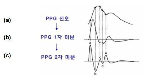 PPG 신호 및 미분신호의 상관관계: (a) PPG 신호, (b) 1차 미분신호, (c) 2차 미분신호