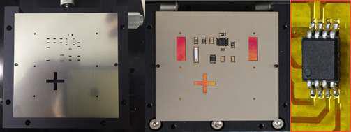 Passive align 기반의 전자 소자 칩 실장을 위한 stencil mask 와 실장된 소자 칩
