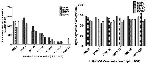 인지질 DSPC, DPPC, DMPC, 또는 DOPC로 합성한 리포좀에 지질과 인도시아닌 그린의 몰비율을 달리하여 합성한 리포좀의 형광세기와 Hydrodynamic diameter.