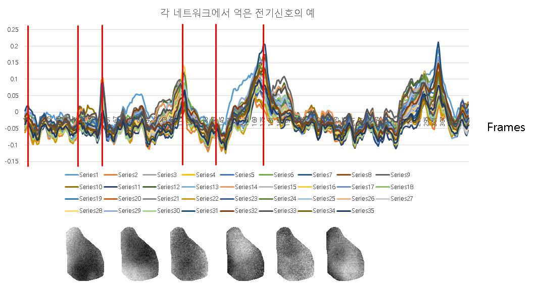 각 네트워크에서 얻은 시계열 신호와 (위) 여러 시점에서의 시계열 및 이 시점에서의 뇌 신호의 공간적 패턴. (아래) 각 시점은 붉은 막대로 표시하였으며, 시점의 순서와 뇌 신호 패턴은 동일함.