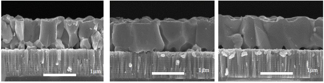 Cross-sectional SEM images of CZTS after annealing in the order of 510 °C (left), 540 °C (center), 570 °C (right), respectively. The additional Se layer (~500 nm) is deposited before annealing.