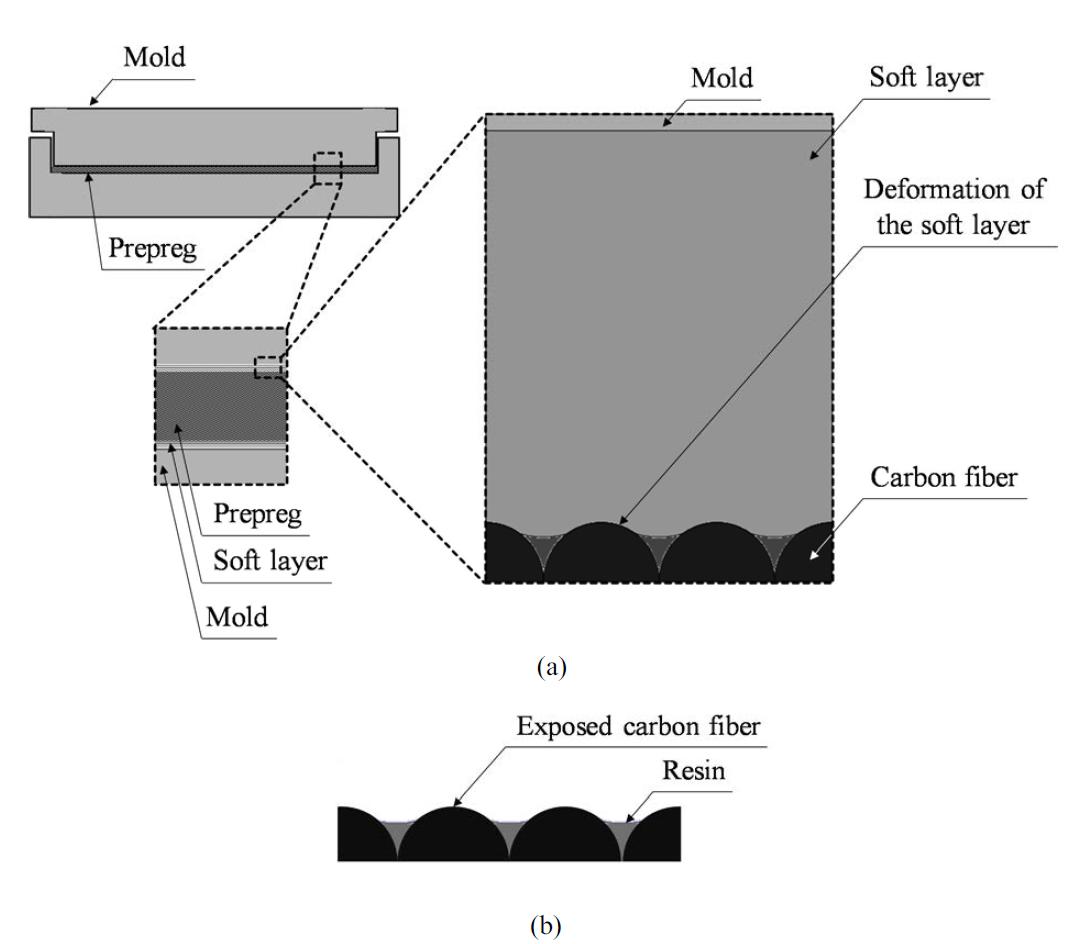 Soft layer method: (a) compression molding; (b) surface of the fabricated specimen.
