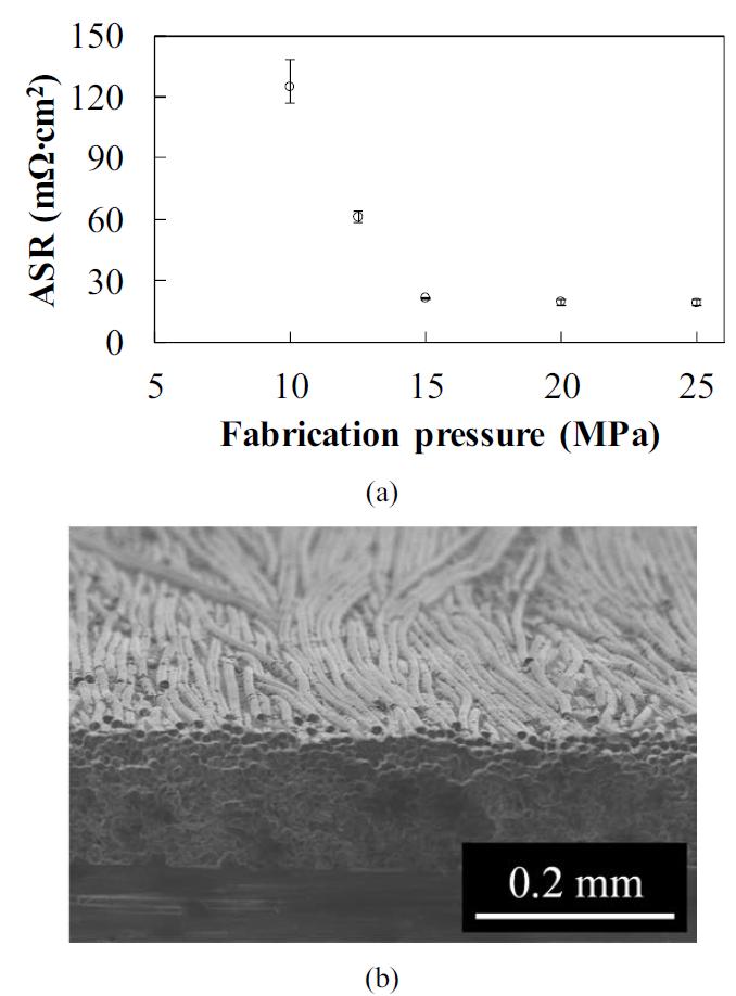 Effect of the fabrication pressure; (a) areal specific resistance at 1.38 MPa; (b) surface morphology of the bipolar plate.