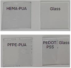 HEMA-PUA, PFPE-PUA를 이용하여 유리기판 위에 전사한 투명전극 결과.