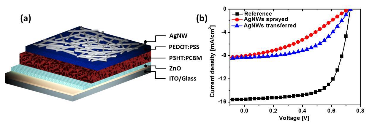 Device structures and current density-voltage characteristic of semi-transparent solar cells with Ag thin film, direct sprayed AgNWs and transferred AgNWs