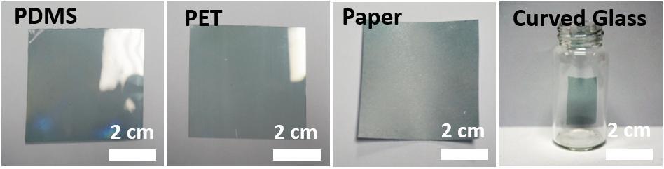 다양한 기판(PDMS, PET, 종이, 곡면 유리)에 전사된 유기 박막