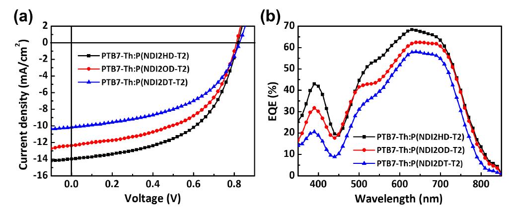 역구조로 제작된 PTB7-Th:P(NDI2HD-T2), PTB7-Th:P(NDI2OD-T2), PTB7-Th:P(NDI2DT-T2) 태양전지 소자의 (a) J-V 특성 곡선과 (b) EQE 곡선