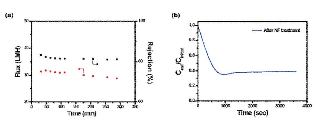 Evaluation of hybrid desalination system for BGW5 (a) Flux and rejection rate of NF process, (b) Removal rate of fCDI system