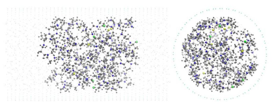 Ion absorption simulation through the oligomer in (22, 22) CNT. (a) side view (2) along view. Amines, blue; Na+, yellow; Cl-, green; dots, CNT.