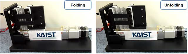 An instrument to test electrochemical performance of the wearable textile battery during repeated folding motions.