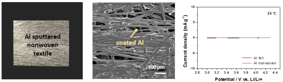 Surface structure of cathode current collector (left) and CV test result (right)