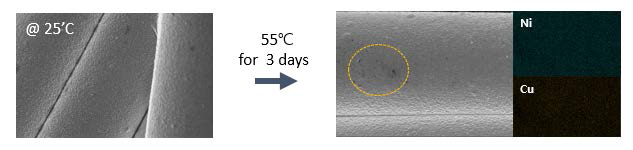 55 ℃ 전해질에 함침된 니켈+구리 무전해도금 섬유 집전체 표면