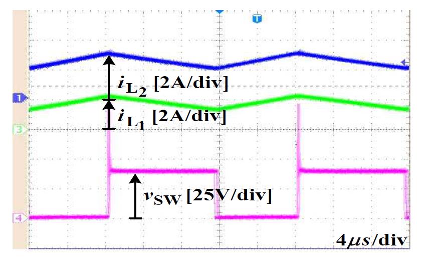 최대 전력점 추종제어모드의 인덕터 전류 및 스위치 전압 실험결과