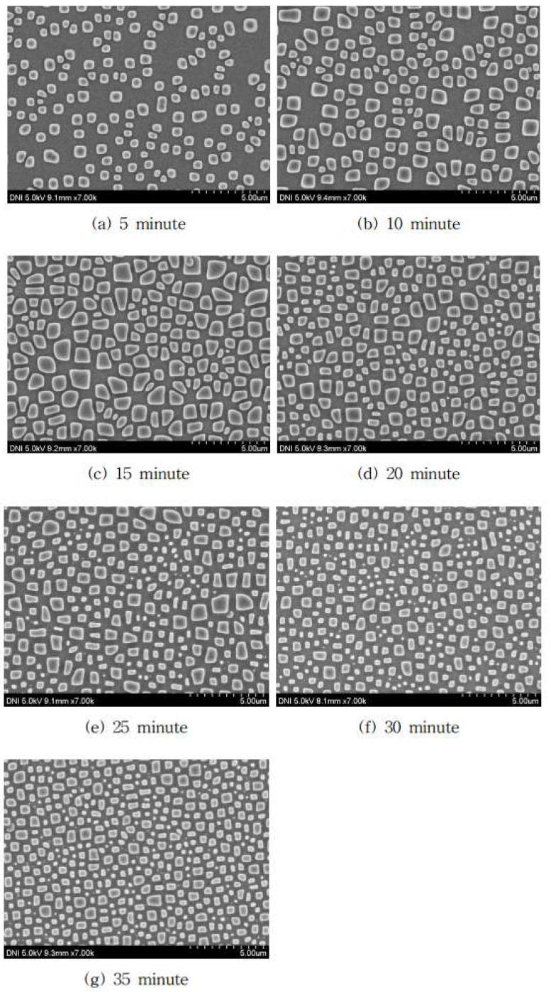 가스 유량, 압력, 온도, 등을 고정한 후(SF6 : 30 sccm, O2 : 20 sccm, RF Power : 70Watt, Pressure : 0.220 Torr, Temperature : 10℃) 공정 시간을 변화시켜가며 Si 윈도우 표면을 가공하였을 때, Si 표면 요철 구조의 밀도 관찰을 위한 SEM 사진