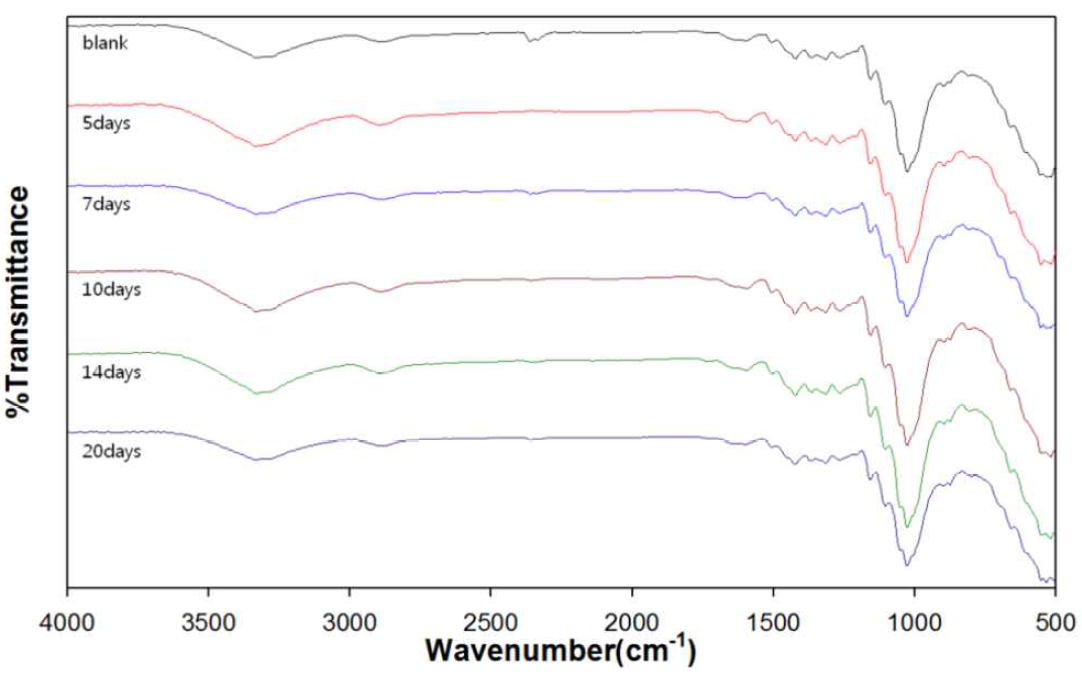 FT-IR spectra of artificially aged newspaper