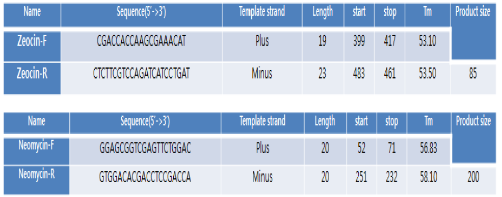 Zeocin 및 Neomycin 저항성 유전자 검출용 프라이머 염기서열 및 조성