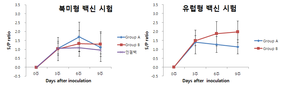 북미형 및 유럽형 시험백신 ELISA 결과