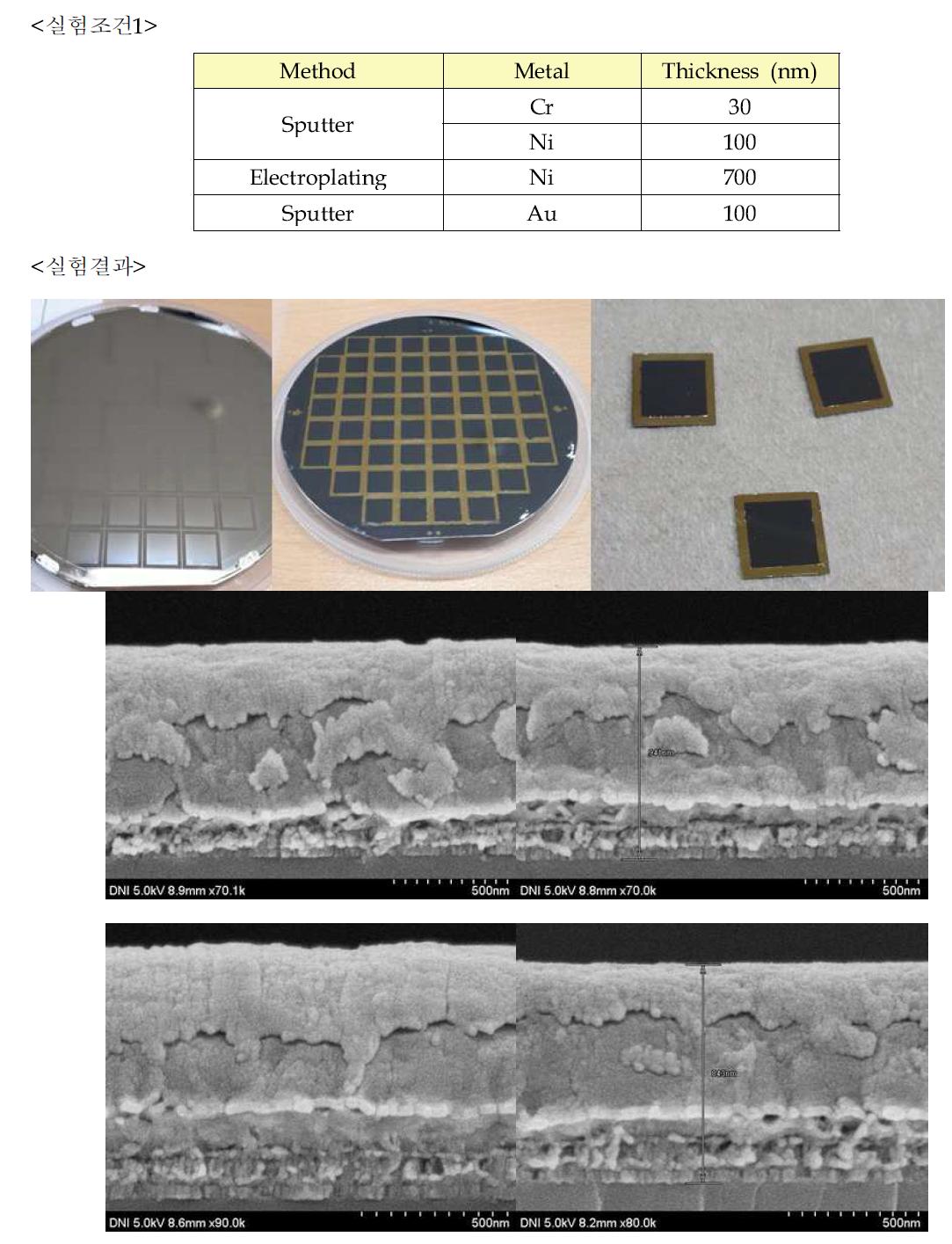 도금방식(Electroplating)을 통하여 Ni 증착 후, 샘플 사진 및 SEM 이미지