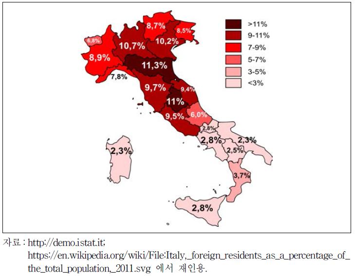 이탈리아 거주 외국인의 지역별 분포(2011년 기준)