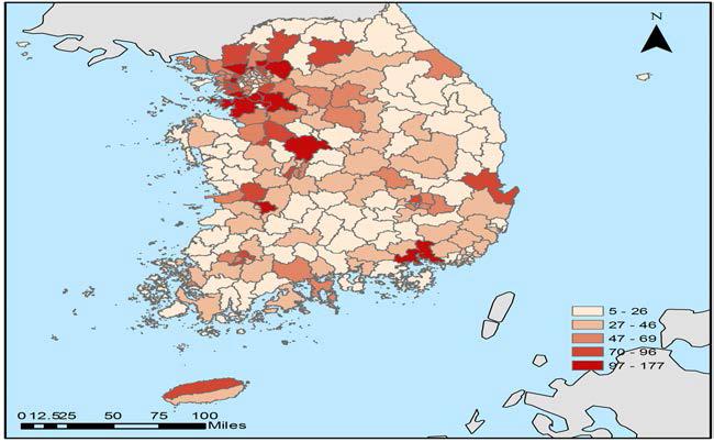 노인 대상 사회복지서비스 공급의 지역분포(시설수)