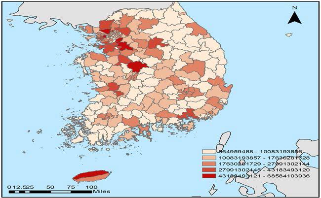 노인 대상 사회복지서비스 공급의 지역분포(지출)