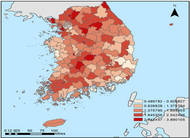 노인 대상 사회복지서비스 공급의 지역분포(노인 천 명당 시설수)