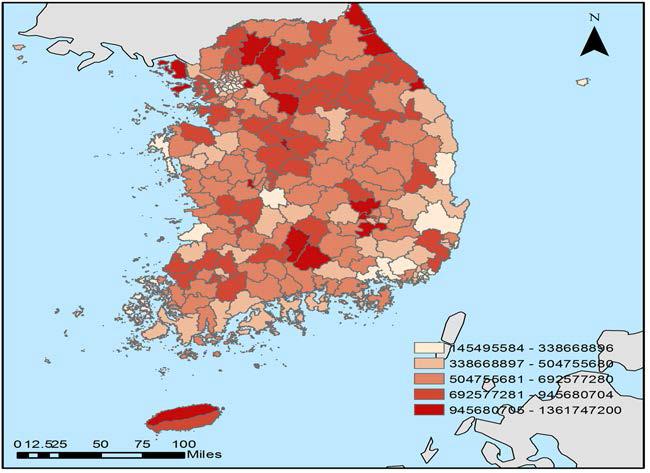 노인 대상 사회복지서비스 공급의 지역분포(노인 천 명당 지출)