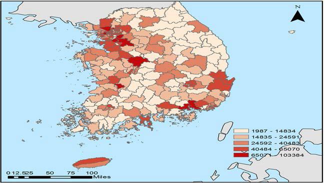 65세 이상 노인인구의 지역적 분포(노인인구수)
