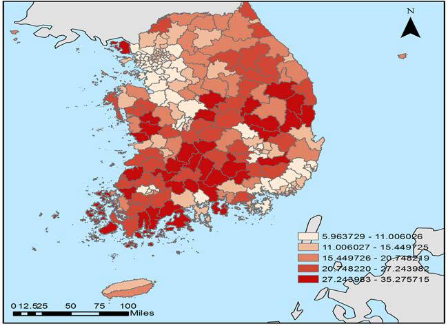 65세 이상 노인인구의 지역적 분포(총인구대비 노인인구비중)