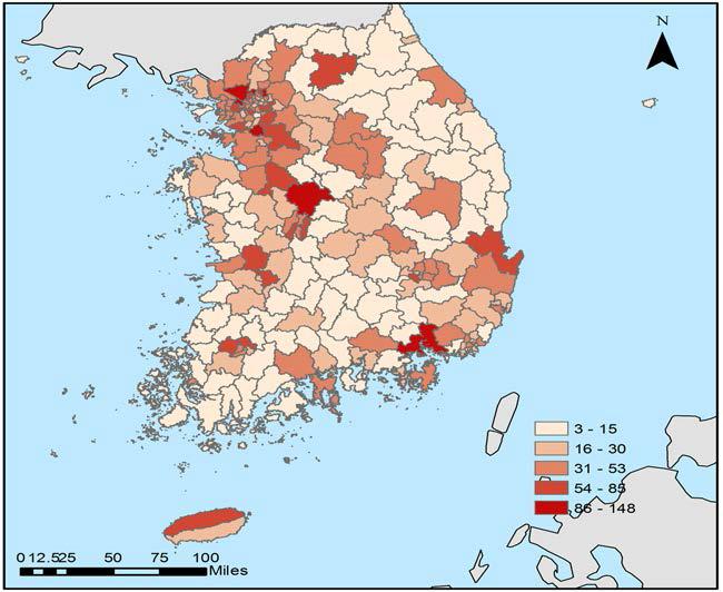 장애인 대상 사회복지서비스 공급의 지역분포(시설수)