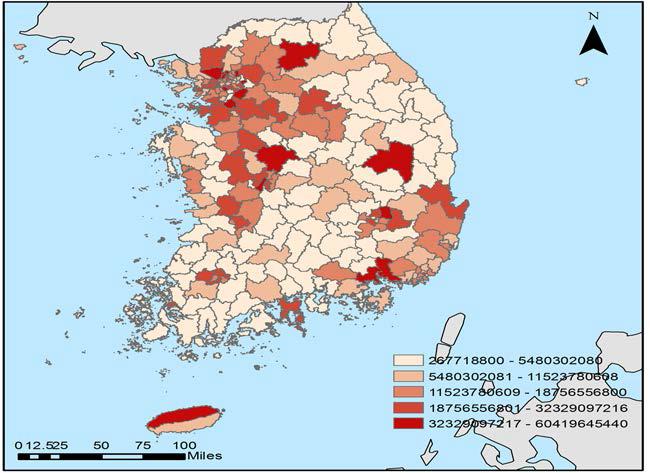 장애인 대상 사회복지서비스 공급의 지역분포(지출)