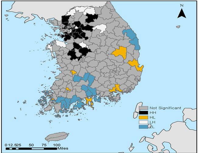 Local Moran’s I :장애인 대상 사회복지서비스 공급(지출)