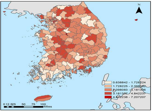 장애인 대상 사회복지서비스 공급의 지역분포(장애인 천 명당 시설수)