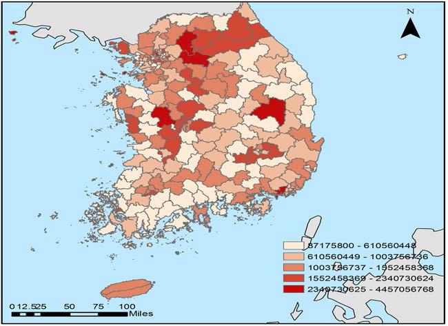 장애인 대상 사회복지서비스 공급의 지역분포(장애인 천 명당 지출)