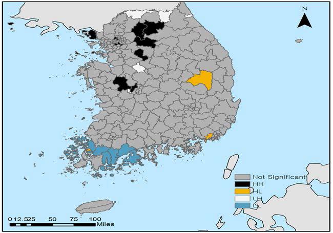 Local Moran’s I :장애인 대상 사회복지서비스(장애인 천 명당 지출)