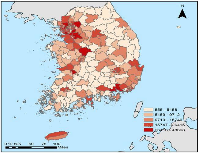 장애인 인구의 지역적 분포(등록 장애인수)