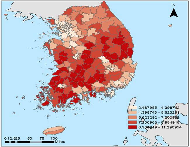 장애인 인구의 지역적 분포(총인구대비 등록 장애인비중)