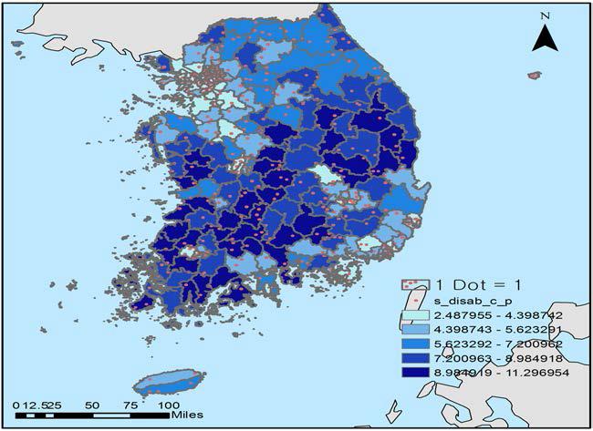 장애인 비중 및 장애인 천 명당 장애인 대상 사회복지서비스