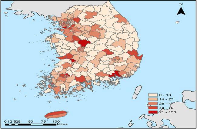 아동 대상 사회복지서비스 공급의 지역분포(시설수)