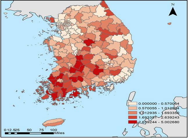 아동 대상 사회복지서비스 공급의 지역분포(아동 천 명당 시설수)