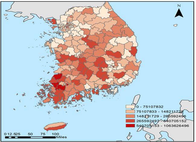 아동 대상 사회복지서비스 공급의 지역분포(아동 천 명당 지출)