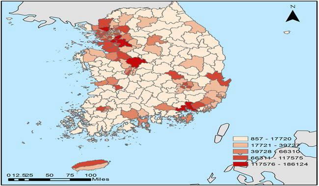 15세 미만 아동 인구의 지역적 분포(아동수)