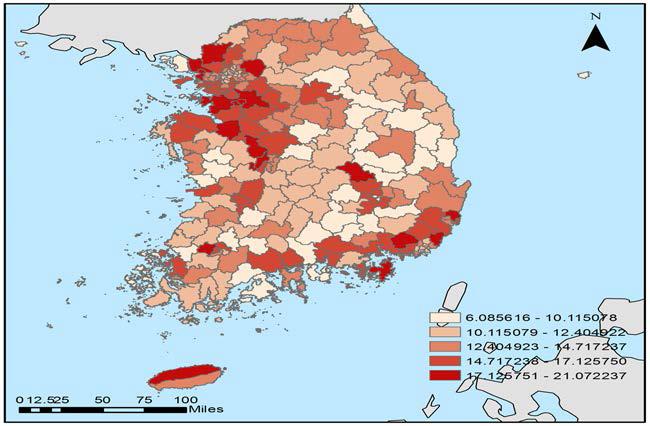 15세 미만 아동 인구의 지역적 분포(총인구대비 아동 비중)